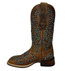 Bota Texana Feminina Goyazes Couro Dallas Bico Quadrado Com Miçangas Azul Claro Ref: 246405-CF