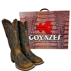 Bota Texana Feminina Goyazes Couro Dallas Bico Quadrado Com Miçangas Azul Claro Ref: 246405-CF