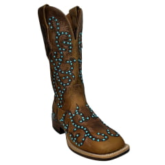 Bota Texana Feminina Goyazes Couro Dallas Bico Quadrado Com Miçangas Azul Claro Ref: 246405-CF