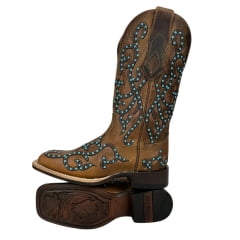 Bota Texana Feminina Goyazes Couro Dallas Bico Quadrado Com Miçangas Azul Claro Ref: 246405-CF