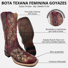 Bota Texana Feminina Goyazes Couro Dallas Bico Quadrado Ranch Flare Pinhão Ref: 246405-CF-04