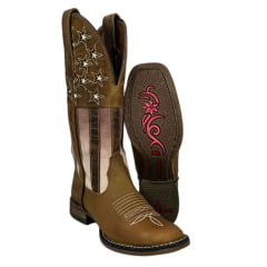 Bota Texana Feminina Goyazes Couro Dallas Furta Cor Bico Quadrado Solado Flex Com Desenhos de Estrela Ref.223209 CF