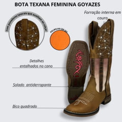 Bota Texana Feminina Goyazes Couro Dallas Furta Cor Bico Quadrado Solado Flex Com Desenhos de Estrela Ref.223209 CF