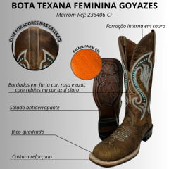 Bota Texana Feminina Goyazes Couro Dallas Furta Cor Rosa Azul Bico Quadrado Ref: 236406-CF