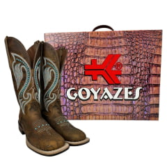 Bota Texana Feminina Goyazes Couro Dallas Furta Cor Rosa Azul Bico Quadrado Ref: 236406-CF