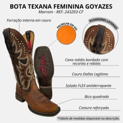 Bota Texana Feminina Goyazes Couro Dallas Furtacor/Dallas Tabaco Bico Quadrado Flex REF:243203-CF