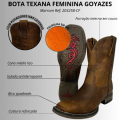 Bota Texana Feminina Goyazes Couro Dallas Ocre Bico Quadrado Liso Ref: 203258-CF