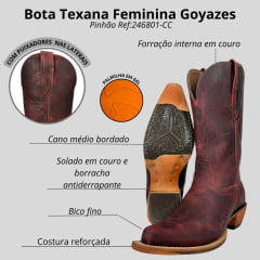 Bota Texana Feminina Goyazes Couro Dallas Pinhão Bico Fino Ref:246801-CC