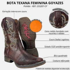 Bota Texana Feminina Goyazes Couro Dallas Pinhão Bico Quadrado Flex Ref: 233207-CF