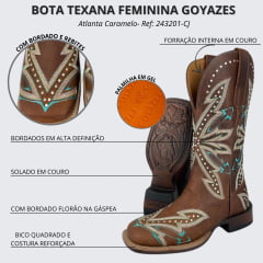 Bota Texana Feminina Goyazes Couro Dallas Terra Bico Quadrado Ranch Flare Ref: 246408-CF