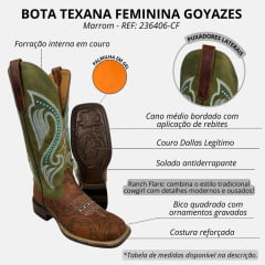 Bota Texana Feminina Goyazes Couro Dallas Terra/Dallas Folha Com Bordado Rosa/Azul Bico Quadrado Ranch Flare RF: 236406-CF