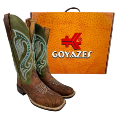 Bota Texana Feminina Goyazes Couro Dallas Terra/Dallas Folha Com Bordado Rosa/Azul Bico Quadrado Ranch Flare RF: 236406-CF