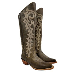 Bota Texana Feminina Goyazes Couro Destroyer Tabaco Com Bordado Creme Bico Fino REF: 246804-CC