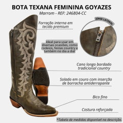 Bota Texana Feminina Goyazes Couro Destroyer Tabaco Com Bordado Creme Bico Fino REF: 246804-CC