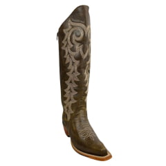 Bota Texana Feminina Goyazes Couro Destroyer Tabaco Com Bordado Creme Bico Fino REF: 246804-CC