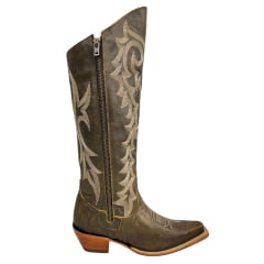 Bota Texana Feminina Goyazes Couro Destroyer Tabaco Com Bordado Creme Bico Fino REF: 246804-CC