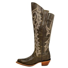 Bota Texana Feminina Goyazes Couro Destroyer Tabaco Com Bordado Creme Bico Fino REF: 246804-CC