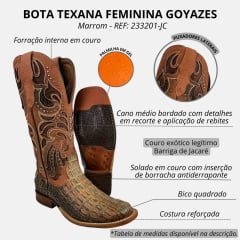 Bota Texana Feminina Goyazes Couro Jacaré Barriga Pantano/Strong Orange B. Quadrado REF: 233201-JC