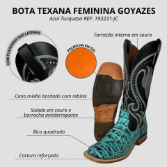 Bota Texana Feminina Goyazes Couro Jacaré Turquesa Com Preto Bico Quadrado Ref: 193231-JC