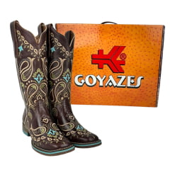 Bota Texana Feminina Goyazes Couro Mustang Café Bico Quadrado Solado Flex e Bordados Na Bota Ref.203253-CF