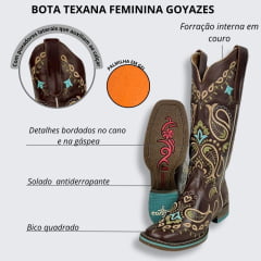 Bota Texana Feminina Goyazes Couro Mustang Café Bico Quadrado Solado Flex e Bordados Na Bota Ref.203253-CF