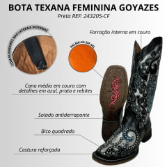 Bota Texana Feminina Goyazes Couro Mustang Preto Bico Quadrado Com Detalhes Prata E Azul Claro REF: 243205-CF