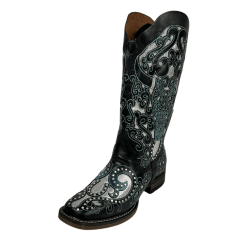 Bota Texana Feminina Goyazes Couro Mustang Preto Bico Quadrado Com Detalhes Prata E Azul Claro REF: 243205-CF