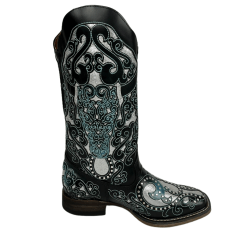 Bota Texana Feminina Goyazes Couro Mustang Preto Bico Quadrado Com Detalhes Prata E Azul Claro REF: 243205-CF