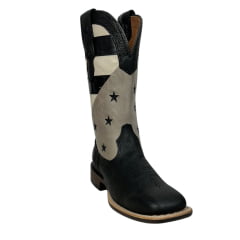 Bota Texana Feminina Goyazes Couro Pit Stop Preto/Austin Off White Bico Quadrado Com Estrelas Bordadas - REF: 226402-CF