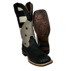 Bota Texana Feminina Goyazes Couro Pit Stop Preto/Austin Off White Bico Quadrado Com Estrelas Bordadas - REF: 226402-CF