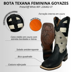 Bota Texana Feminina Goyazes Couro Pit Stop Preto/Austin Off White Bico Quadrado Com Estrelas Bordadas - REF: 226402-CF