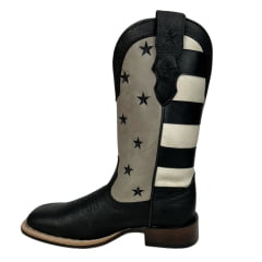 Bota Texana Feminina Goyazes Couro Pit Stop Preto/Austin Off White Bico Quadrado Com Estrelas Bordadas - REF: 226402-CF