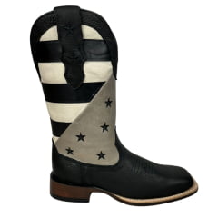 Bota Texana Feminina Goyazes Couro Pit Stop Preto/Austin Off White Bico Quadrado Com Estrelas Bordadas - REF: 226402-CF