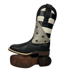 Bota Texana Feminina Goyazes Couro Pit Stop Preto/Austin Off White Bico Quadrado Com Estrelas Bordadas - REF: 226402-CF