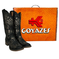 Bota Texana Feminina Goyazes Couro Pit Stop Preto Bico Quadrado Com Detalhes Em Recorte Prata Brilhante REF: 203254-CF