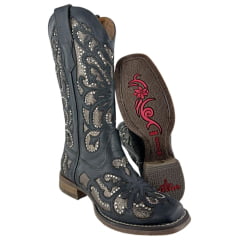 Bota Texana Feminina Goyazes Couro Pit Stop Preto Bico Quadrado Recortes Dourados E Tachinhas Ref: 203254-CF-06