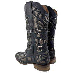 Bota Texana Feminina Goyazes Couro Pit Stop Preto Bico Quadrado Recortes Dourados E Tachinhas Ref: 203254-CF-06