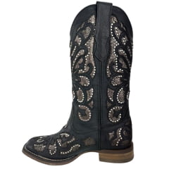 Bota Texana Feminina Goyazes Couro Pit Stop Preto Bico Quadrado Recortes Dourados E Tachinhas Ref: 203254-CF-06