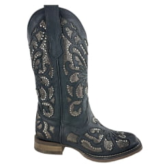 Bota Texana Feminina Goyazes Couro Pit Stop Preto Bico Quadrado Recortes Dourados E Tachinhas Ref: 203254-CF-06