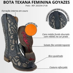 Bota Texana Feminina Goyazes Couro Pit Stop Preto Bico Quadrado Recortes Dourados E Tachinhas Ref: 203254-CF-06
