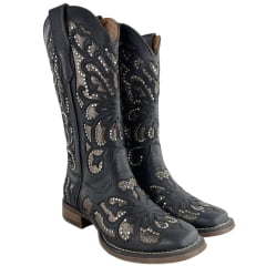 Bota Texana Feminina Goyazes Couro Pit Stop Preto Bico Quadrado Recortes Dourados E Tachinhas Ref: 203254-CF-06