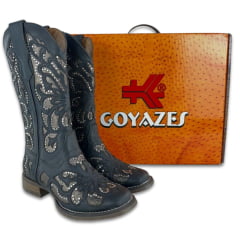 Bota Texana Feminina Goyazes Couro Pit Stop Preto Bico Quadrado Recortes Dourados E Tachinhas Ref: 203254-CF-06