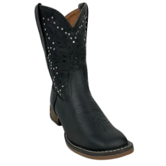 Bota Texana Feminina Goyazes Couro Pit Stop Preto Bico Quadrado Solado Flex Cano Médio Com Tachinhas Prata Ref.243208