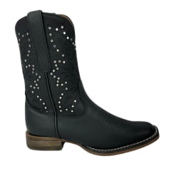 Bota Texana Feminina Goyazes Couro Pit Stop Preto Bico Quadrado Solado Flex Cano Médio Com Tachinhas Prata Ref.243208