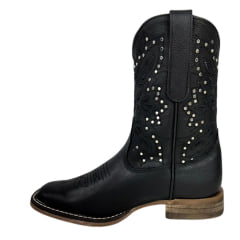 Bota Texana Feminina Goyazes Couro Pit Stop Preto Bico Quadrado Solado Flex Cano Médio Com Tachinhas Prata Ref.243208