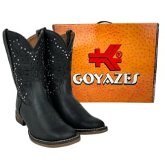 Bota Texana Feminina Goyazes Couro Pit Stop Preto Bico Quadrado Solado Flex Cano Médio Com Tachinhas Prata Ref.243208