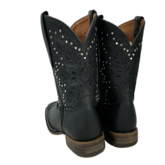 Bota Texana Feminina Goyazes Couro Pit Stop Preto Bico Quadrado Solado Flex Cano Médio Com Tachinhas Prata Ref.243208