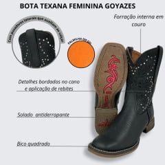 Bota Texana Feminina Goyazes Couro Pit Stop Preto Bico Quadrado Solado Flex Cano Médio Com Tachinhas Prata Ref.243208