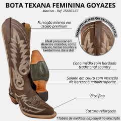 Bota Texana Feminina Goyazes Dackar Café Bico Fino Bordado Solado Injetado Ref:256803-CC