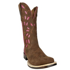 Bota Texana Feminina Goyazes Solado Power Waterproof Couro Nobuck Oil Café Com Bordado Rosa Pink Ref:253207-CHP-07